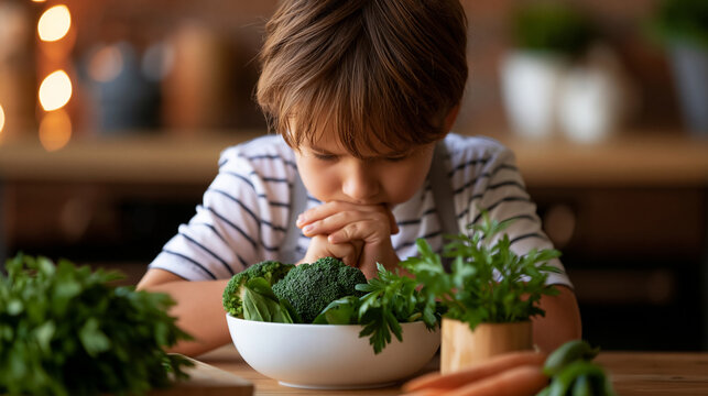 Unhappy little boy refusing to eat vegetables at a wooden table in a kitchen, picky eating and childhood nutrition challenge concept, faceless, face not clearly visible, defocused