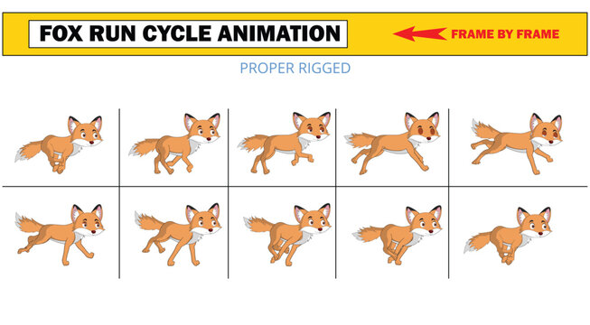Cartoon Fox Run Cycle Animation Sequence Frame by Frame Vector Asset
