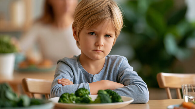Grumpy little boy with crossed arms refusing to eat healthy food and broccoli at the dining table, blurred mother visible in background, picky eating and parenting challenge