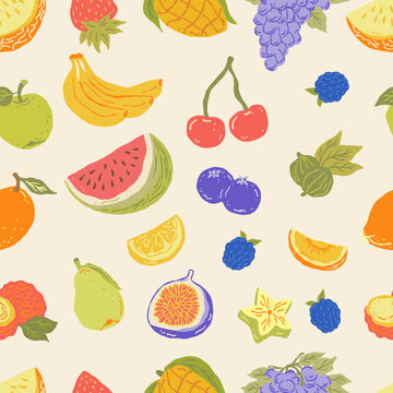Summer seamless pattern with hand drawn fruits and berries. Cute print with of strawberry, watermelon, blueberry, orange, cherry, lemon. Vector.