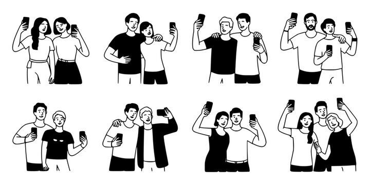 People Taking Selfies with Smartphones in Various Poses Featuring Couples, Friends, Posing with Black and White and Illustration Elements for Modern