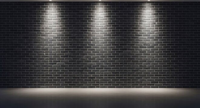 Dark empty studio room with a black brike wall background illuminated by three bright spotlights shining down on a polished concrete floor.