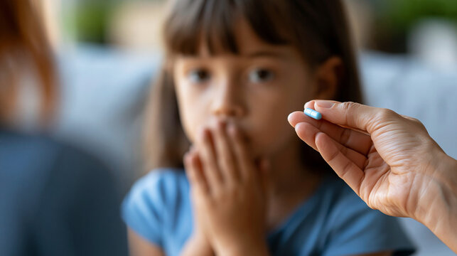 Mother's hand holding a tablet medicine while a little girl covers her mouth with both hands refusing to take it, parenting challenge and children's medication concept, faceless,