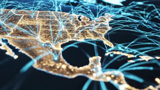 Abstract digital network map with illuminated data nodes and flowing connections