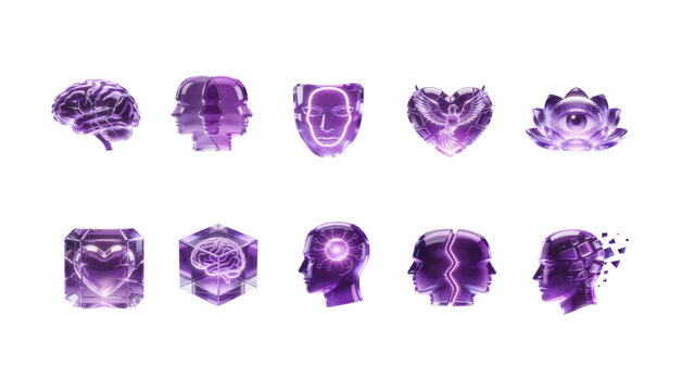3D purple crystal human head profiles and broken heart set, futuristic abstract psychology, mind, and split personality icons on white background