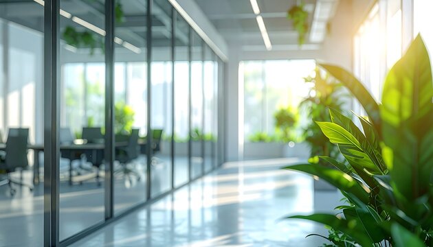Inviting modern office environment bathed in natural light, adorned with refreshing green plants and sleek architectural design