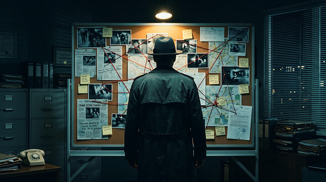 Detective in a hat standing in front of a dark office wall with a crime investigation board full of photos and clues
