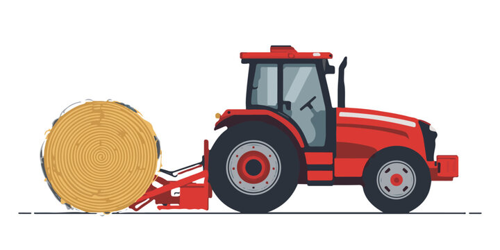 Red farm tractor working with round hay bale in wheat field, vector illustration.