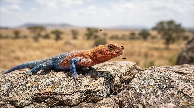 Close up of agama lizard (Agama agama) hunting flies on rock in the Serengeti National Park in Africa.

