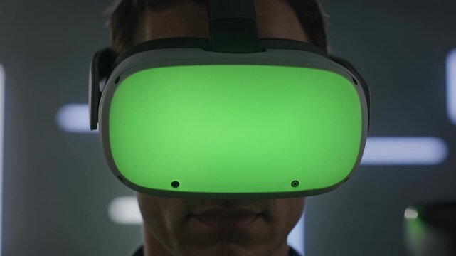 Man wearing VR headset with glowing green lenses, holding controllers, experiencing virtual reality