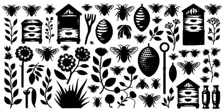 Beehive Illustration with Vintage Insects, Flowers, Leaves, and Rooftops on a Monochrome Pattern Background