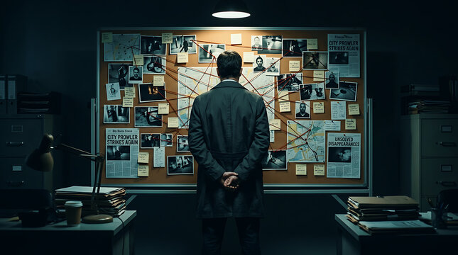 Detective standing in front of a crime investigation board with clues photos and maps in a dark office