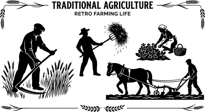 Traditional Agriculture and Vintage Farming Silhouette Vector Set - Rural Peasants Field Work Wheat Harvest Scythe Pitchfork and Horse Plow Logo Design Template