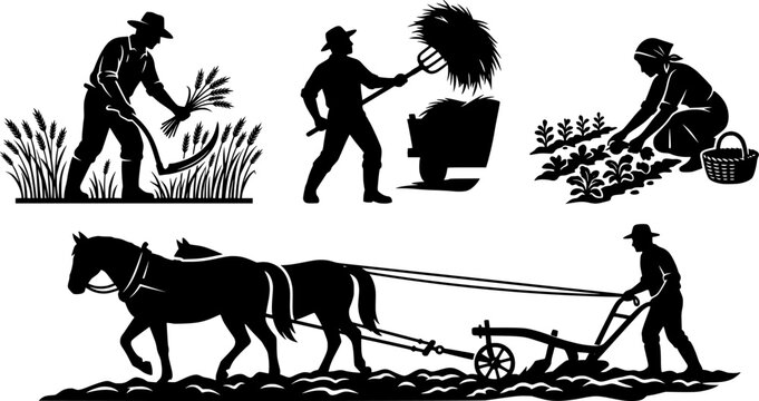 Traditional Agriculture and Vintage Farming Silhouette Vector Set - Rural Peasants Field Work Wheat Harvest Scythe Pitchfork and Horse Plow Logo Design Template