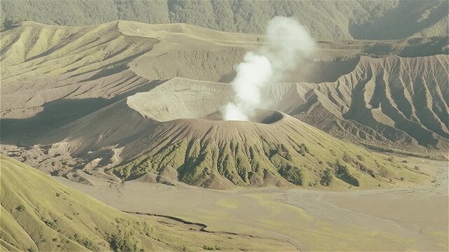 Aerial view of volcano crater Mount Gunung Bromo is an active volcano. Crater with active volcano smoke in East Jawa, Indonesia.
