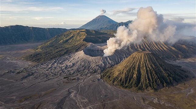 Aerial view of volcano crater Mount Gunung Bromo is an active volcano. Crater with active volcano smoke in East Jawa, Indonesia.
