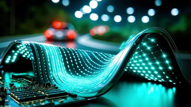 Flexible electronic display mesh glowing with green lights near night road traffic bokeh