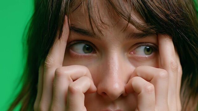 Close-Up Portrait of Anxious Person Peeking Through Fingers on Green Screen.