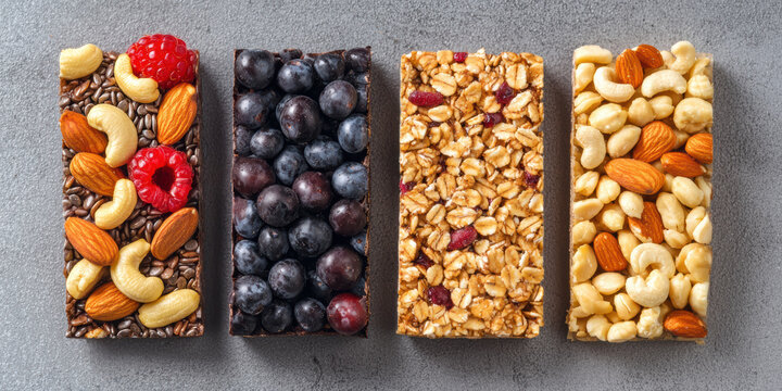Four healthy snack bars topped with nuts, berries, and seeds, displayed on a gray surface.