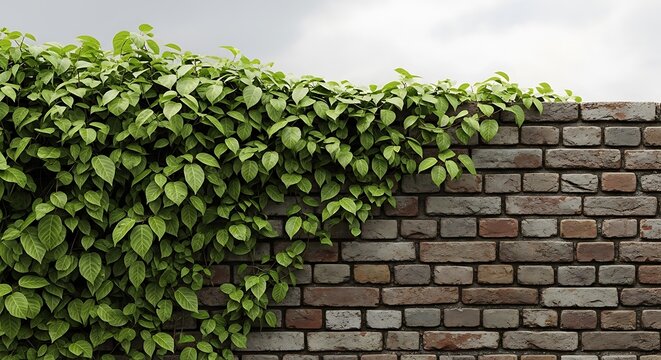 Green leafy climbing vine draping over a rustic brike wall under a cloudy sky, creating a beautiful natural contrast between plant and brickwork.