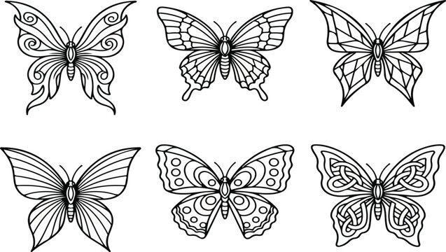 Set of butterflies outlines. Hand drawn illustration converted to vector .isolated on white background ,Vector illustration EPS 10.ep
