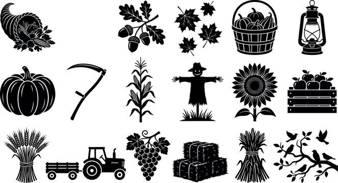 Autumn harvest and farm life black silhouettes vector collection featuring pumpkin scarecrow tractor wheat stalks and cornucopia elementsAutumn harvest and farm life black silhouettes vector collectio