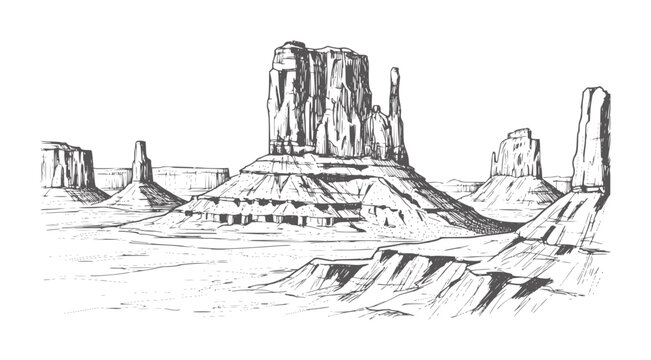 Monument Valley mesas and buttes sketched in monochrome desert