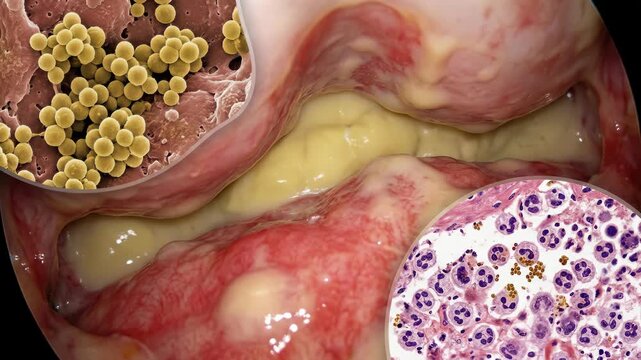 Pathogen disease manifestation: Staphylococcus bacteria, body infection, tissue inflammation, purulent exudate, immune cell, microscopic view, germ invade, host reaction, cellular defense.