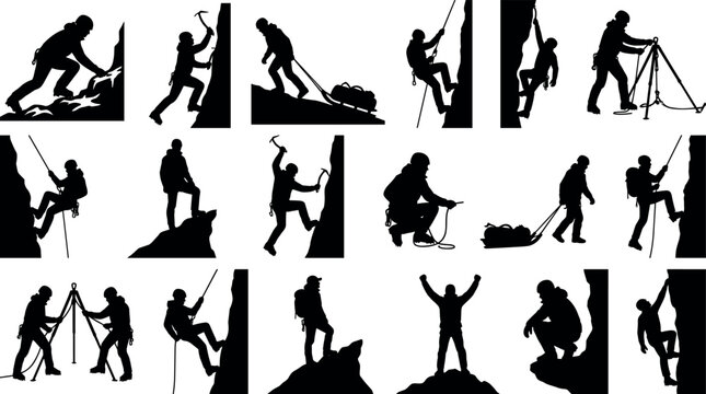 Mountain climbing and mountaineering black silhouettes vector set featuring rock climbers ice scaling pulling sledges and standing on peaksMountain climbing and mountaineering black silhouettes vector