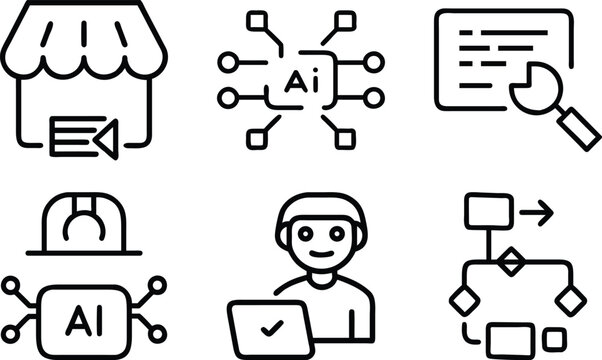 Business AI integration and service icons representing retail, analytics, and client support.