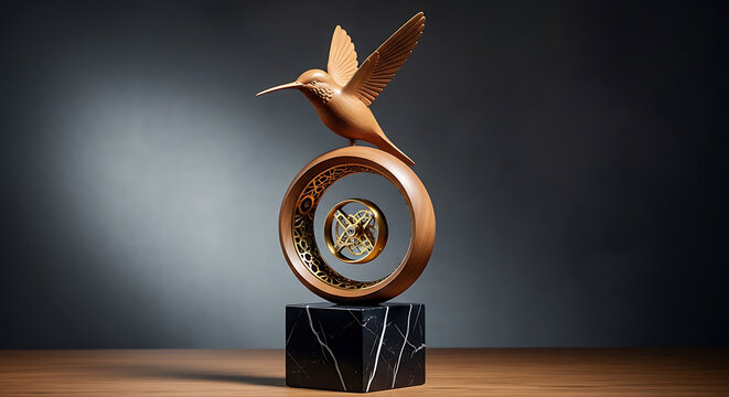 Detailed hummingbird sculpture with mechanical gears and marble base on transparent background