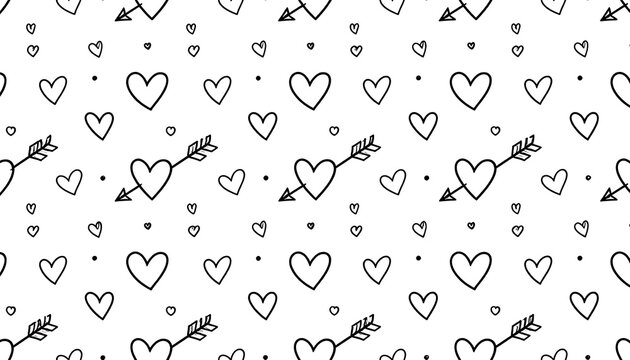 Hand drawn seamless pattern of hearts pierced by cupid arrows, small dots, romantic valentine day elements, simple sketch style