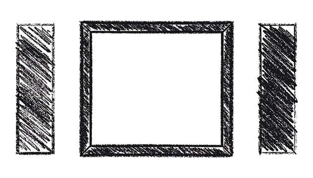 Hand drawn sketch of a square frame with two vertical rectangular blocks on the sides, sketched with charcoal texture, suitable for design elements.