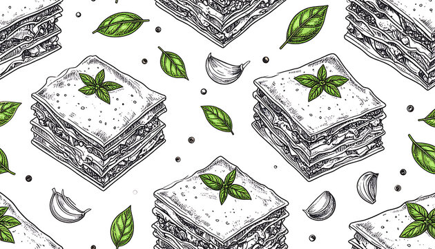 Hand drawn seamless pattern of lasagna layers with fresh basil leaves and garlic cloves, sketch food illustration, Italian cuisine ingredients