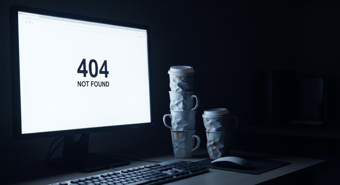 Computer screen shows 404 error page with stacked coffee cups at night
