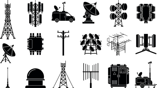 Telecommunication tower and broadcasting network silhouettes vector set featuring satellite dishes mobile broadcast vans cellular antennas and radar stationsTelecommunication tower and broadcasting ne