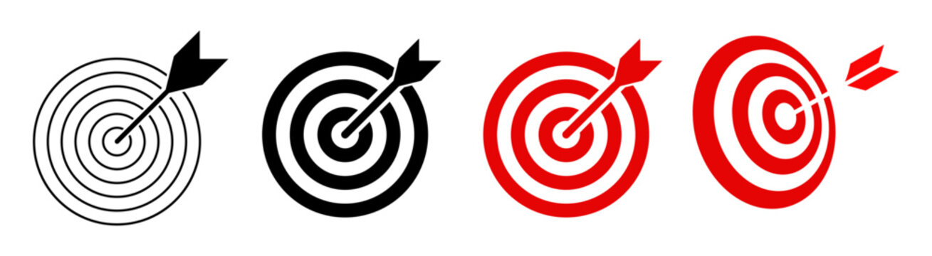 Set of four target with arrows in black and red flat styles bullseye