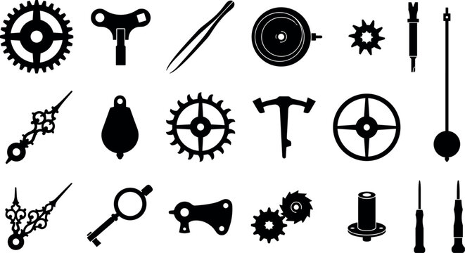 Vintage clockwork mechanism parts vector collection featuring watchmaker tools gears cogs clock hands pendulum and keys silhouettesVintage clockwork mechanism parts vector collection featuring watchma