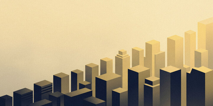 Isometric City Buildings Golden Sunrise Background Copy Space