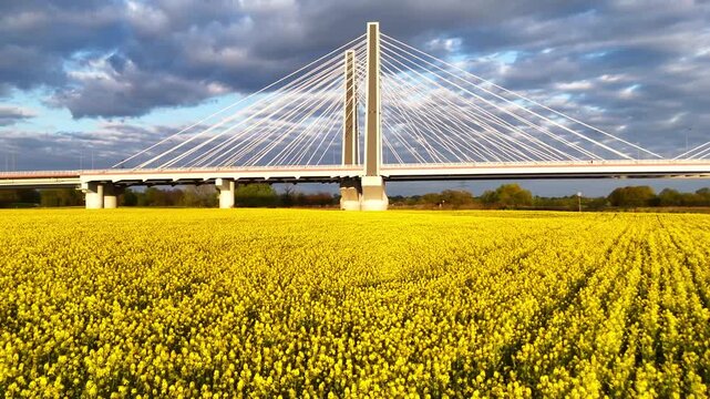 Aerial view of modern cable-stayed bridge spanning vibrant yellow flower field under a cloudy sky, showcasing structural design and natural beauty in a rural landscape