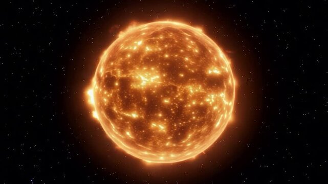 Glowing star surface with dynamic flares, blazing plasma arcs and bright corona, scattered prominences and burning hotspots across spherical face, intense solar spectacle against starfield