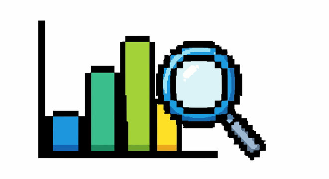 Pixelated Bar Chart Magnified by Magnifying Glass Icon.
