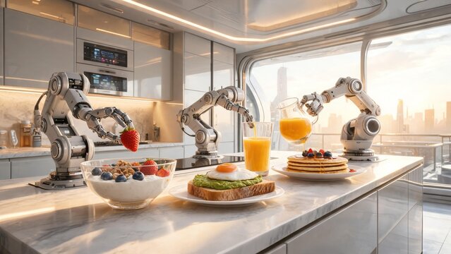 Advanced Robotic Arms Effortlessly Prepare a Nutritious Breakfast in a Sleek, Modern Kitchen, Showcasing the Future of Home Automation and Smart Living