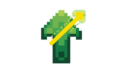 Fototapeta premium Pixelated Green Arrow Symbol with Yellow Diagonal Line.