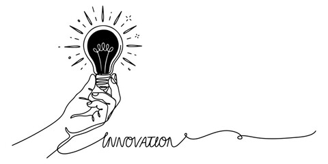 Hand holding a glowing light bulb symbolizing startup innovation, creativity, and entrepreneurial ideas, line art style vector illustration. © Haus