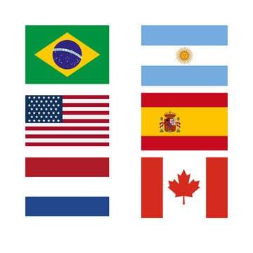 Collection of six national flags featuring Brazil Argentina USA Spain Netherlands and Canada arranged on a black background