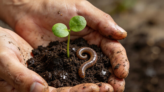 People hold soil with a sprout and a worm during gardening in the afternoon sunlight