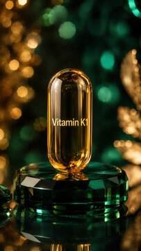 Vitamin K1 capsule on a crystal base with a colorful background in a bright setting
