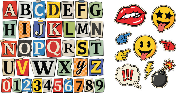 Ransom note alphabet vector set, vintage magazine cutout letters and numbers, retro collage stickers for scrapbooking