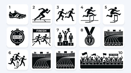 Obraz premium Flat silhouette athletics icon set, running shoe, sprinter pose, relay baton, hurdle, stopwatch, finish line ribbon, winner podium, medal, stadium track, and cheering crowd